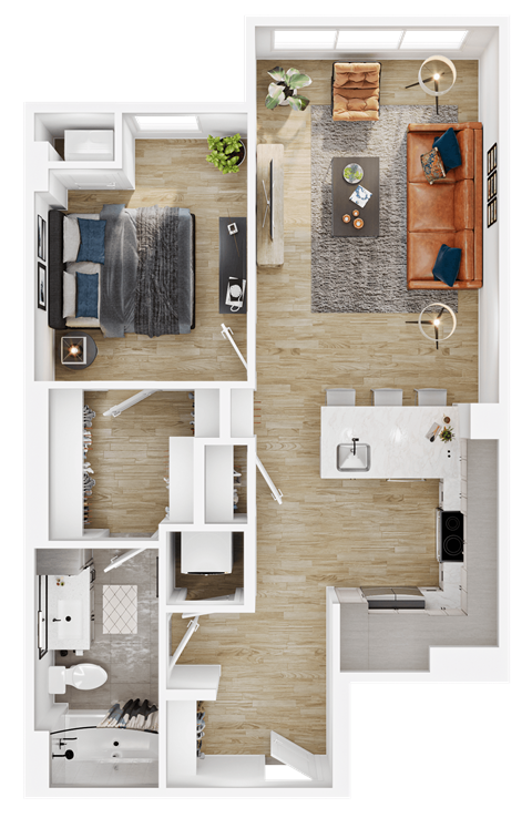 Floor plan for 1 bed, 1 bath, 656 sqft